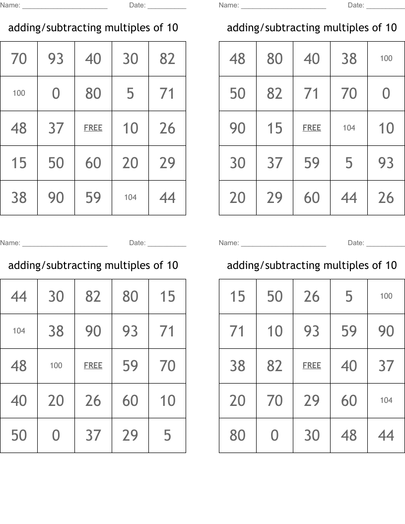 adding/subtracting multiples of 10 Bingo Cards