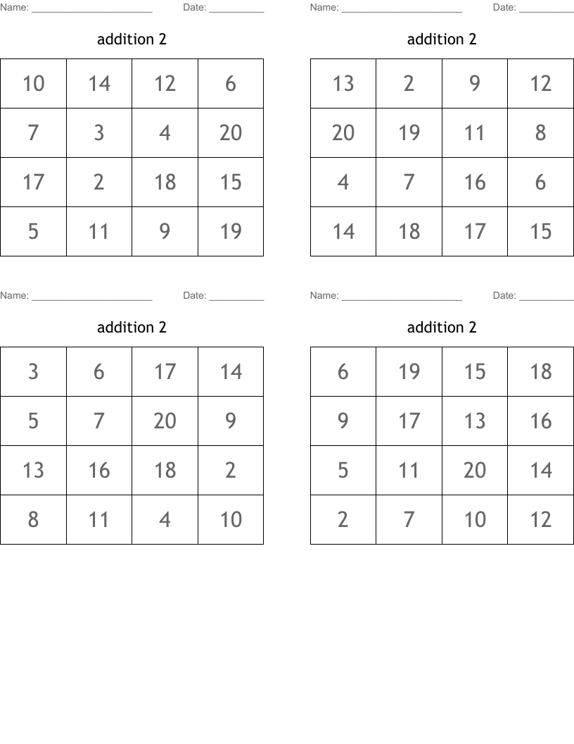 addition 2 Bingo Cards