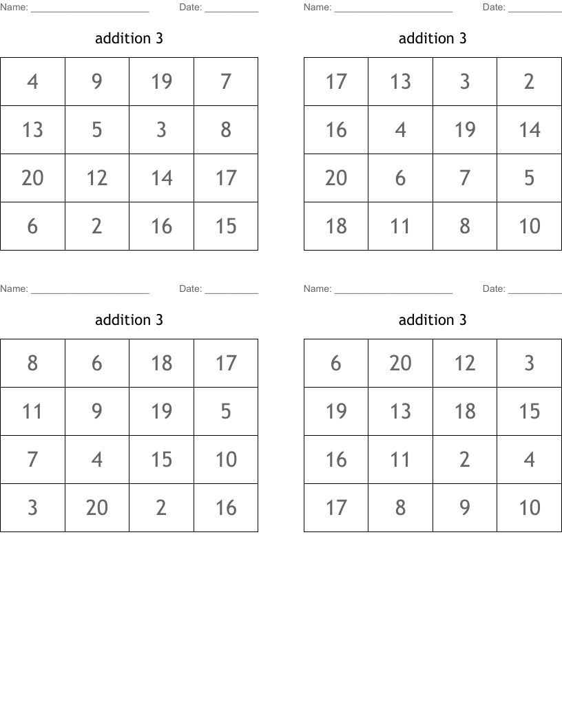 addition 3 Bingo Cards