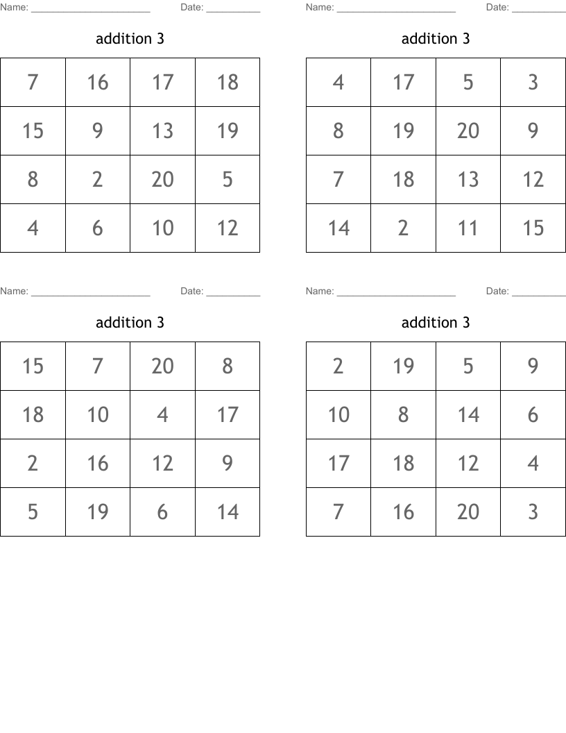 addition 3 Bingo Cards