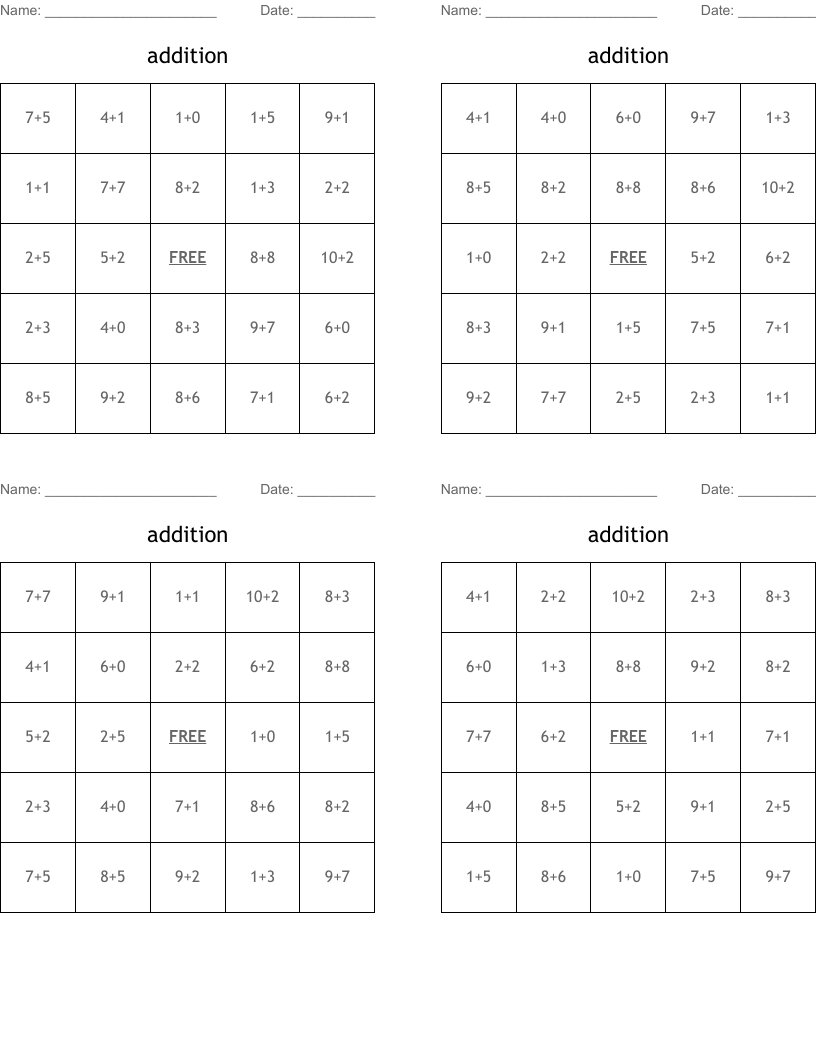 addition Bingo Cards