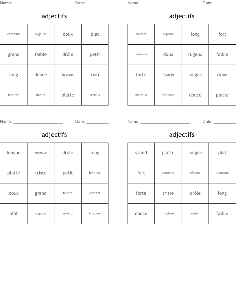 adjectifs Bingo Cards