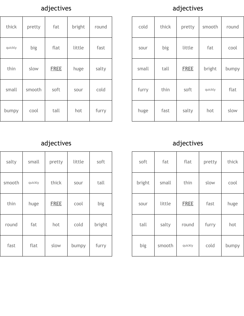 adjectives Bingo Cards