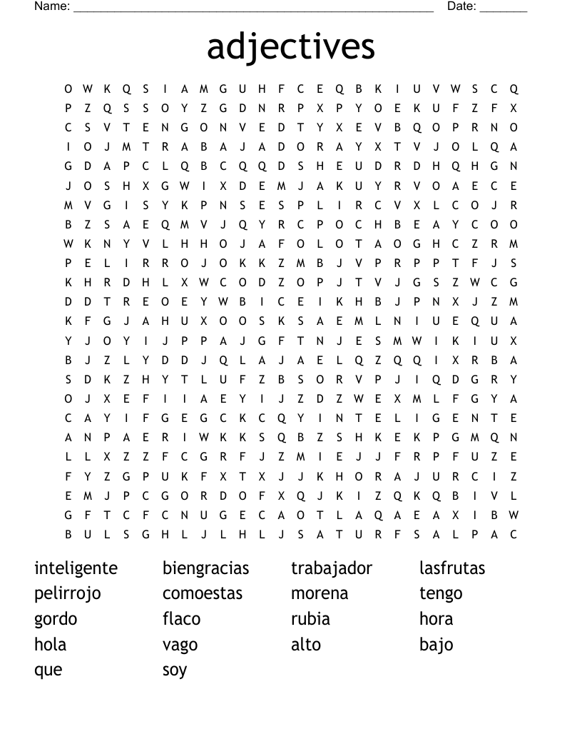 adjectives Word Search