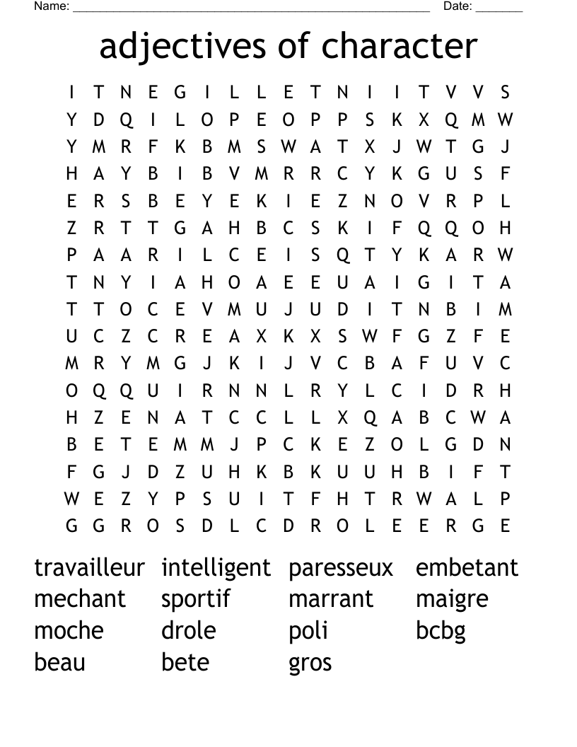 adjectives of character Word Search