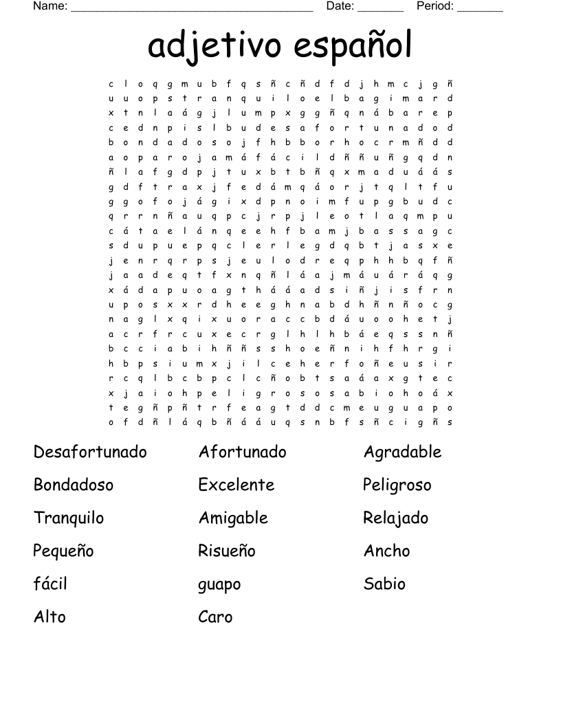 adjetivo español Word Search