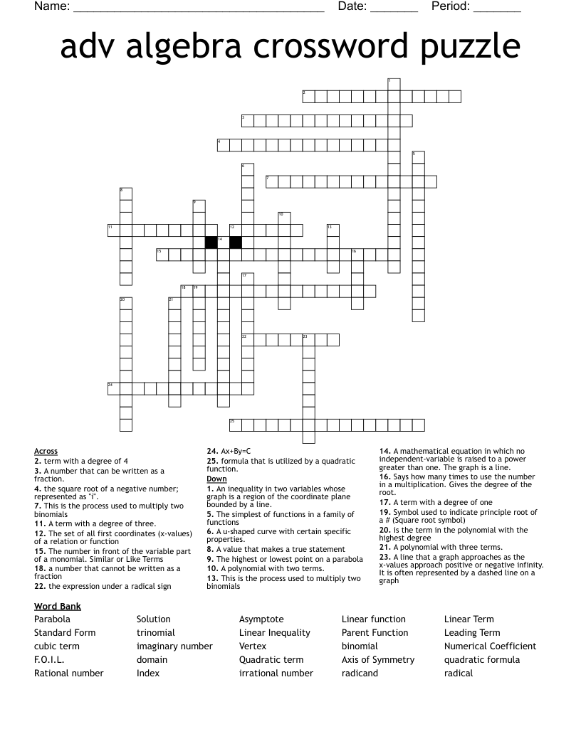 adv algebra crossword puzzle