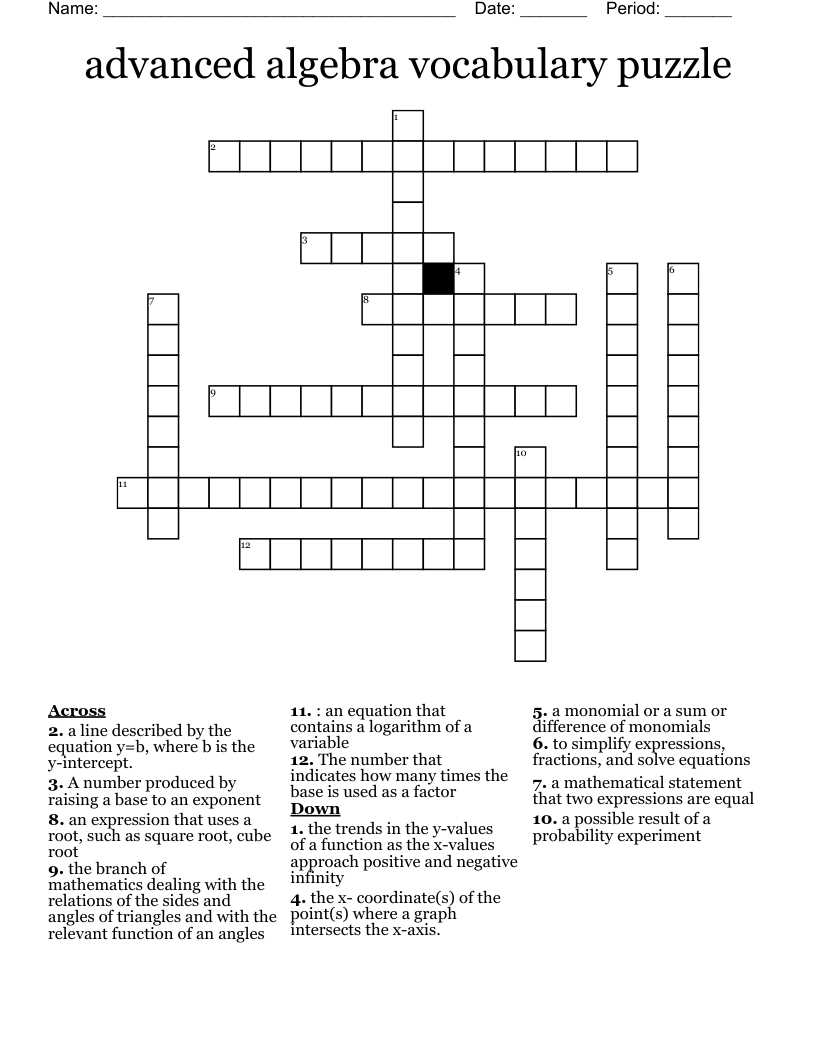 advanced algebra vocabulary puzzle Crossword