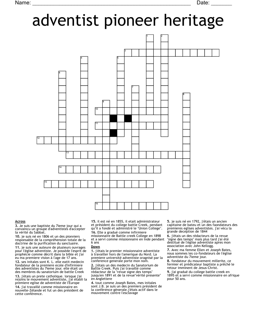 adventist pioneer heritage Crossword