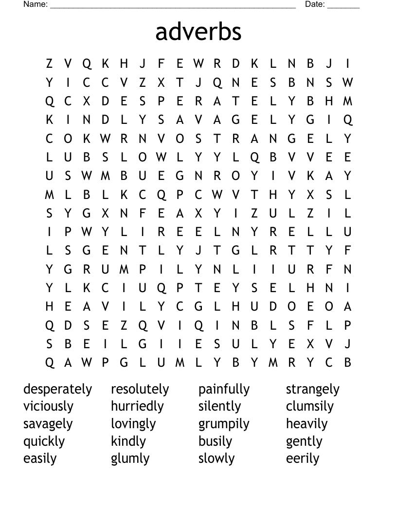 adverbs Word Search