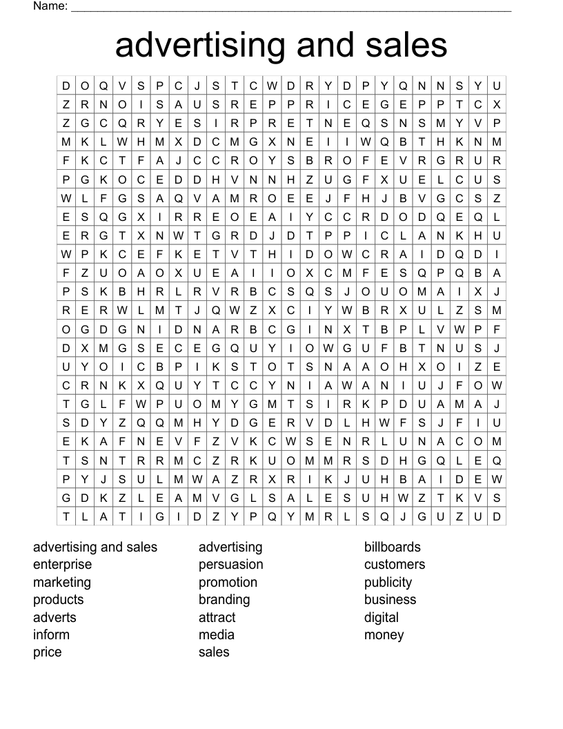 advertising and sales Word Search