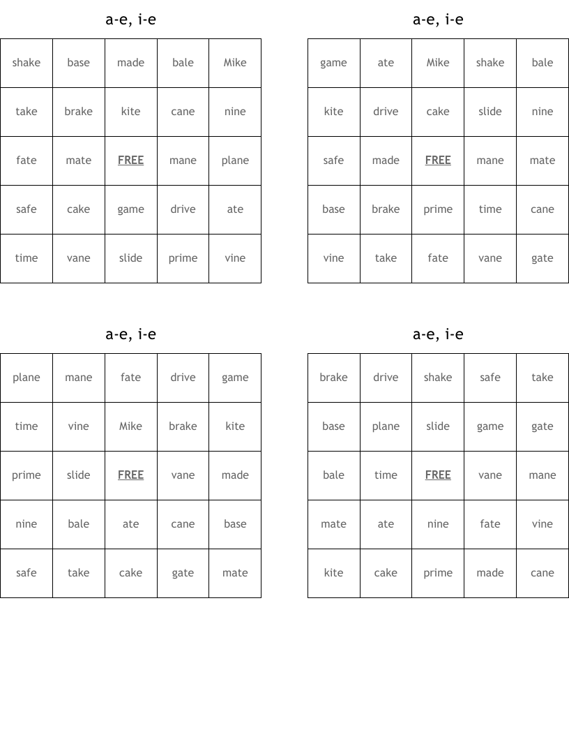 a-e, i-e Bingo Cards