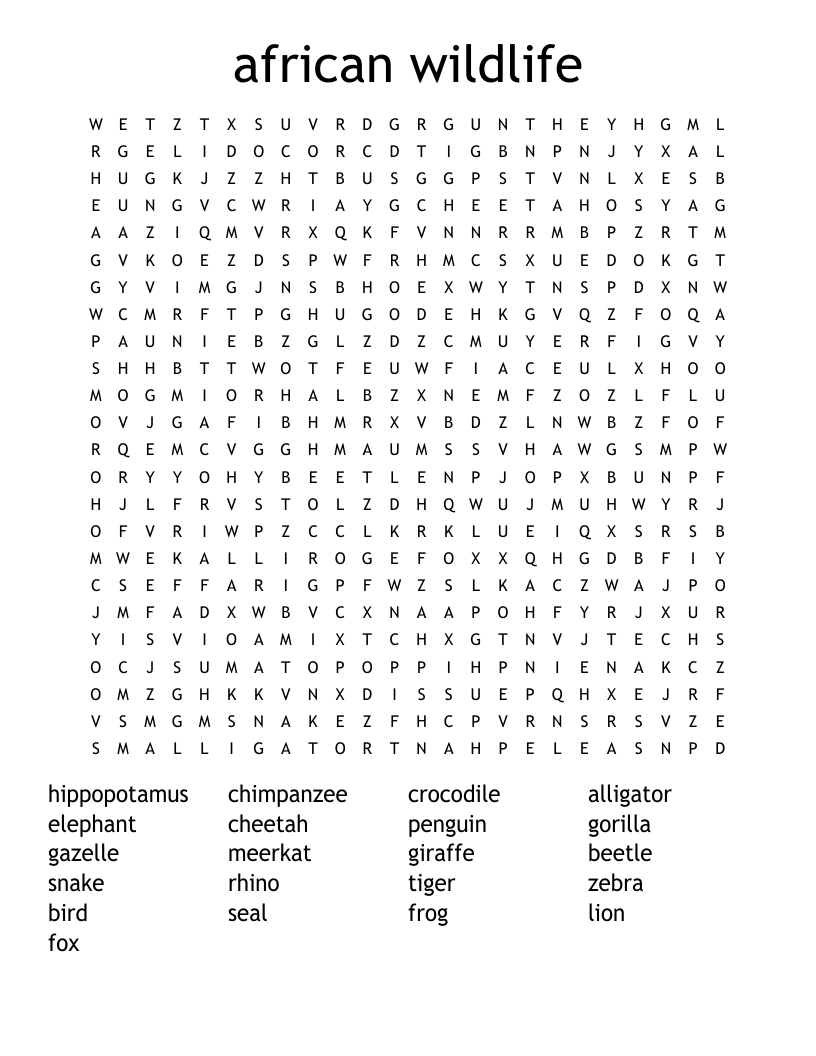 african wildlife Word Search