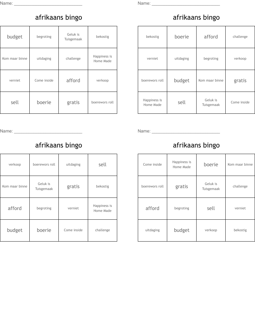 afrikaans bingo