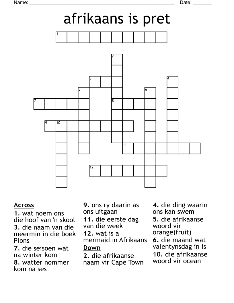 afrikaans is pret Crossword