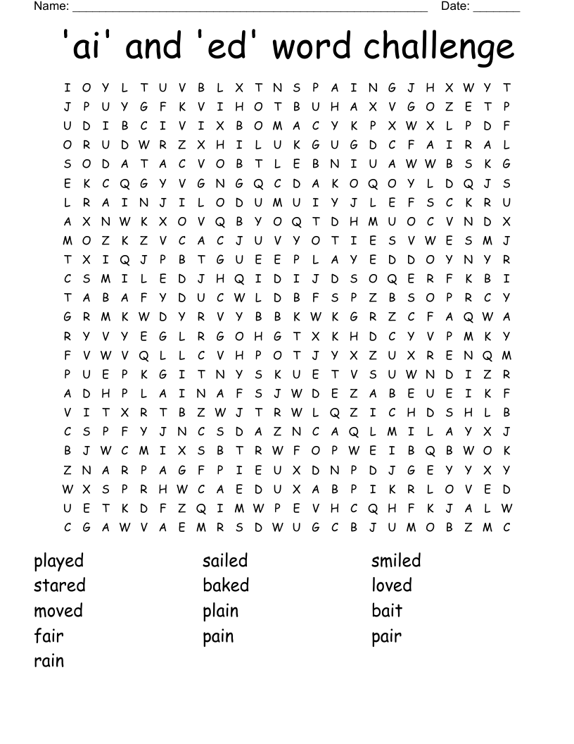 'ai' and 'ed' word challenge Word Search