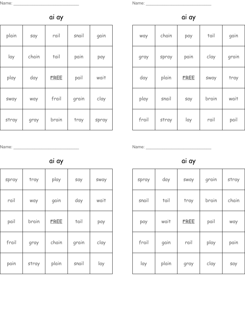 ai ay Bingo Cards