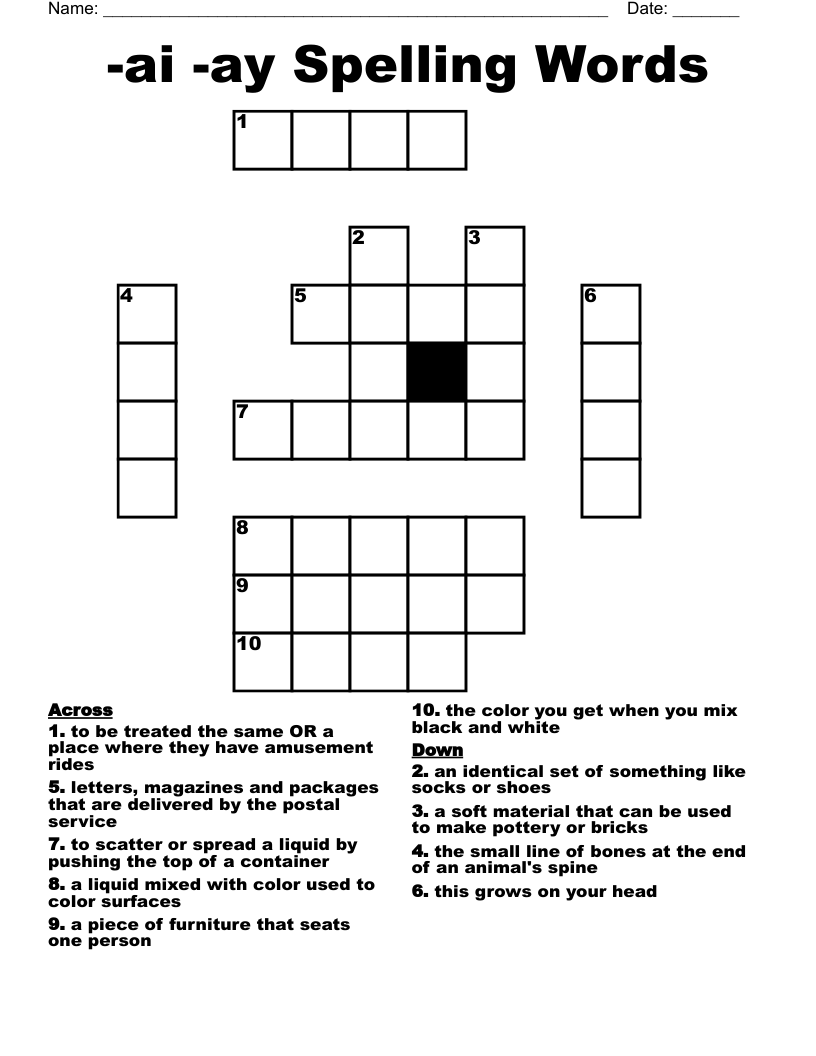 -ai -ay Spelling Words Crossword