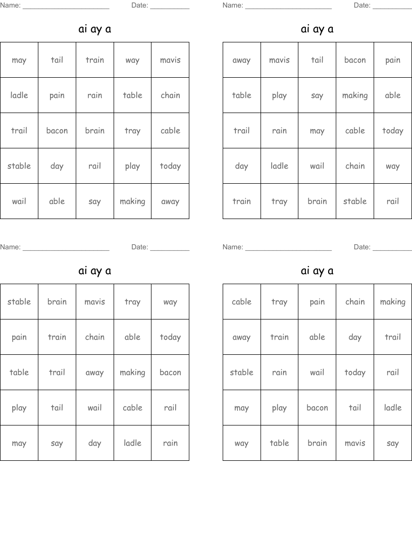 ai ay a Bingo Cards