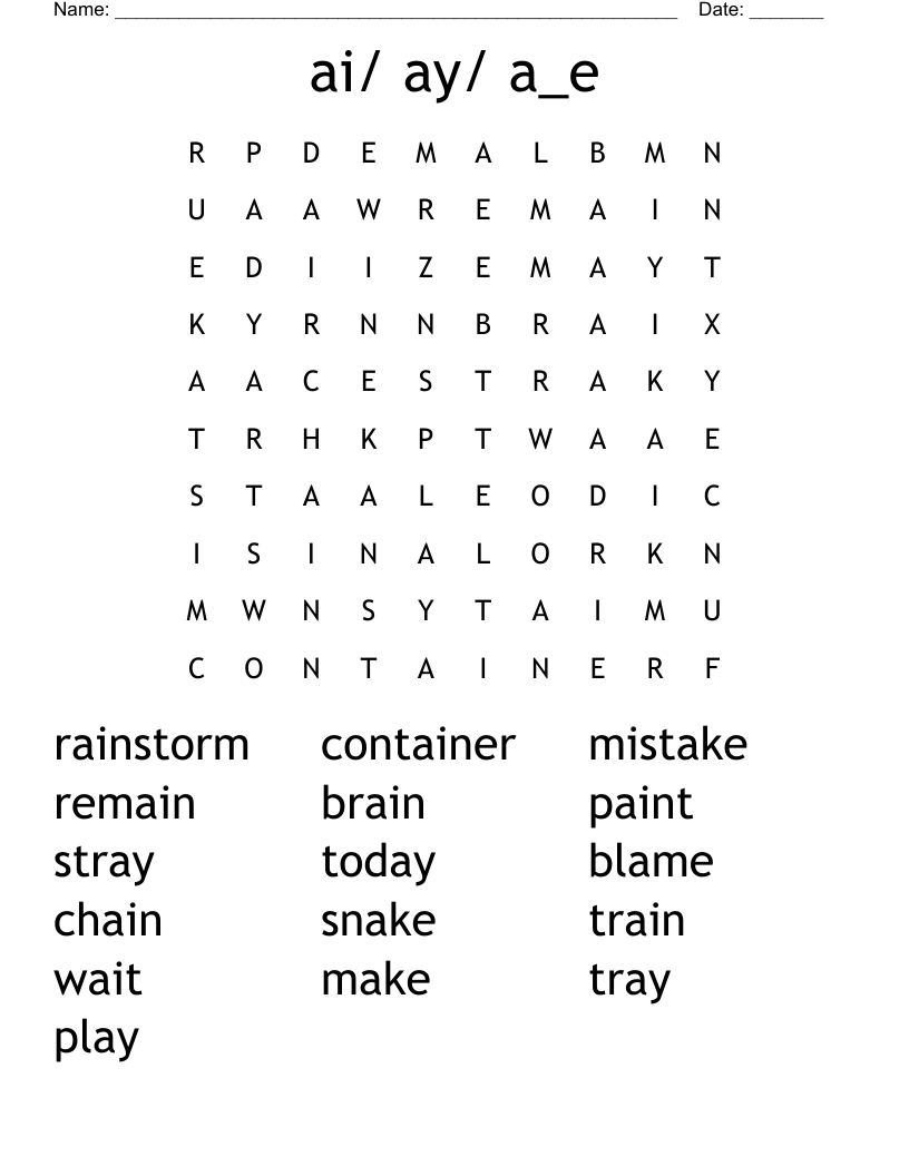 ai/ ay/ a_e Word Search