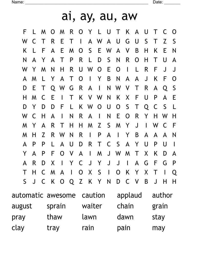 ai, ay, au, aw Word Search