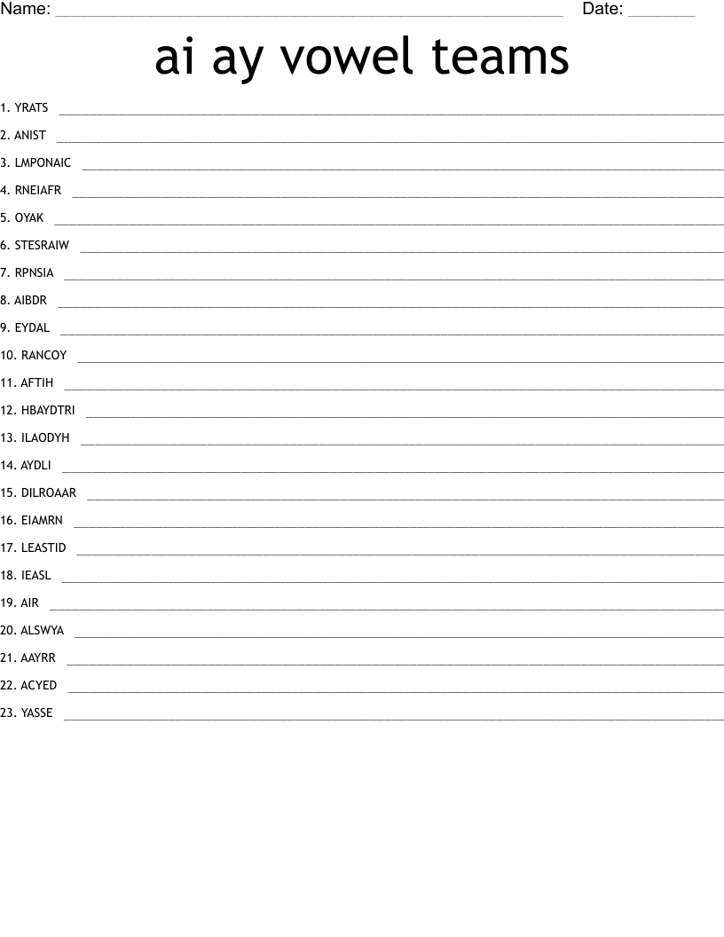 ai ay vowel teams Word Scramble