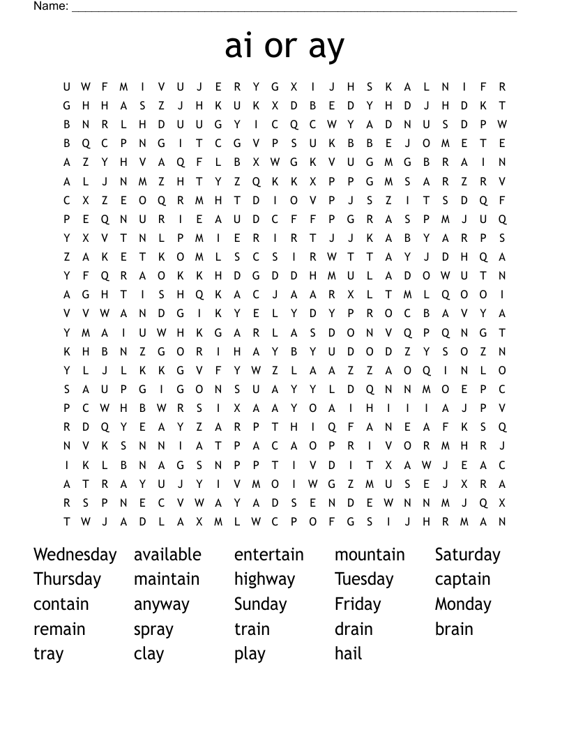 ai or ay Word Search