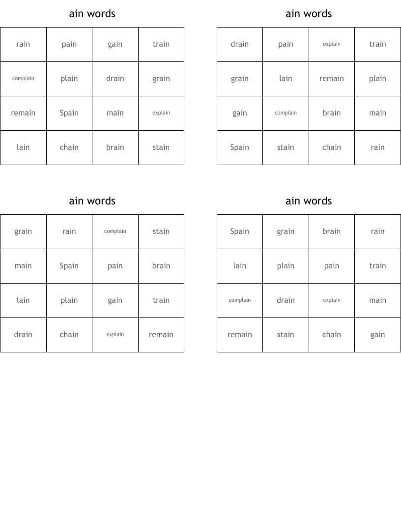 ain words Bingo Cards