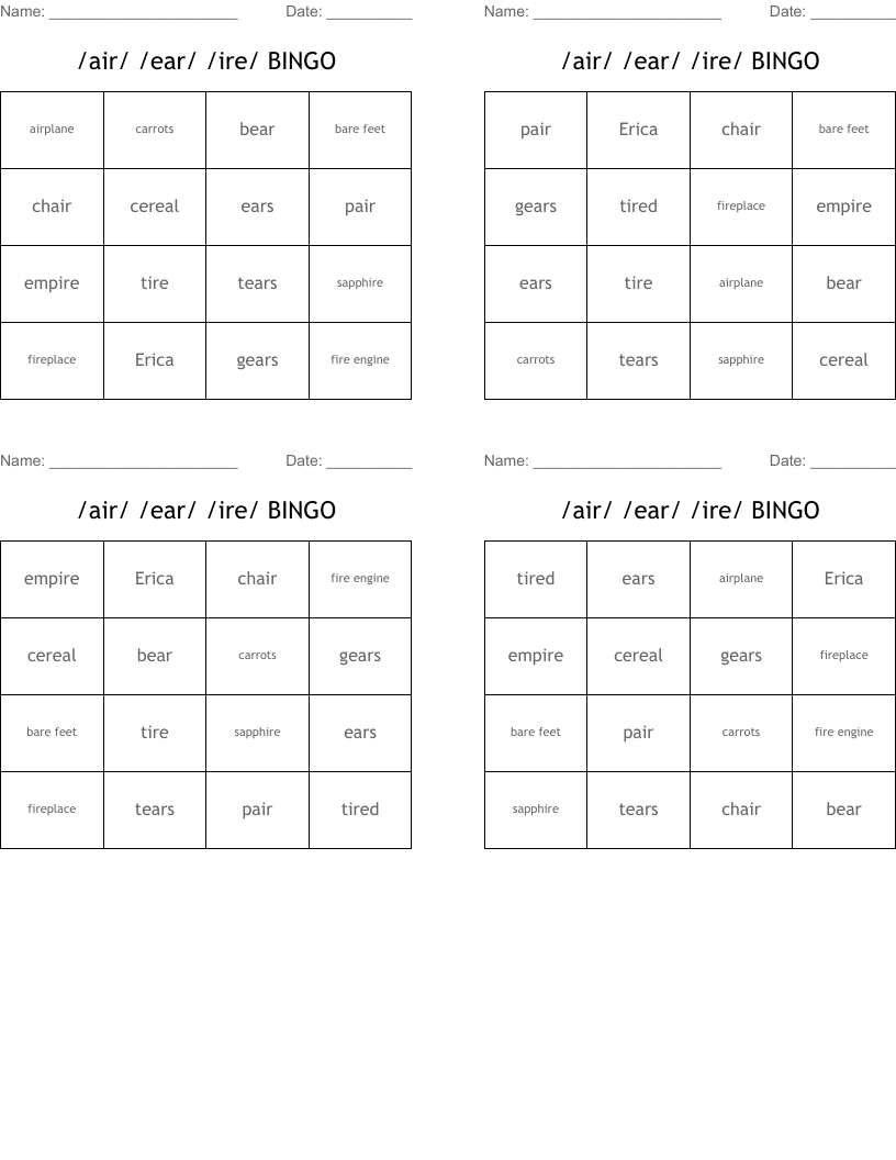 /air/ /ear/ /ire/ BINGO 