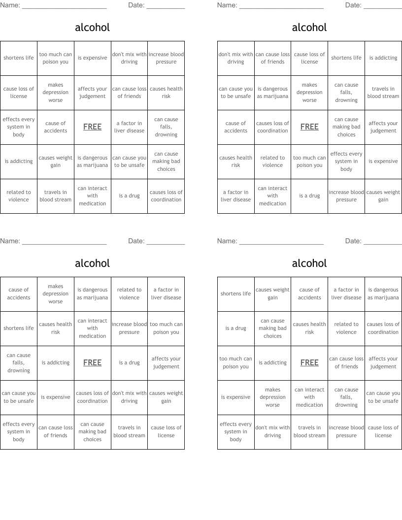 alcohol Bingo Cards