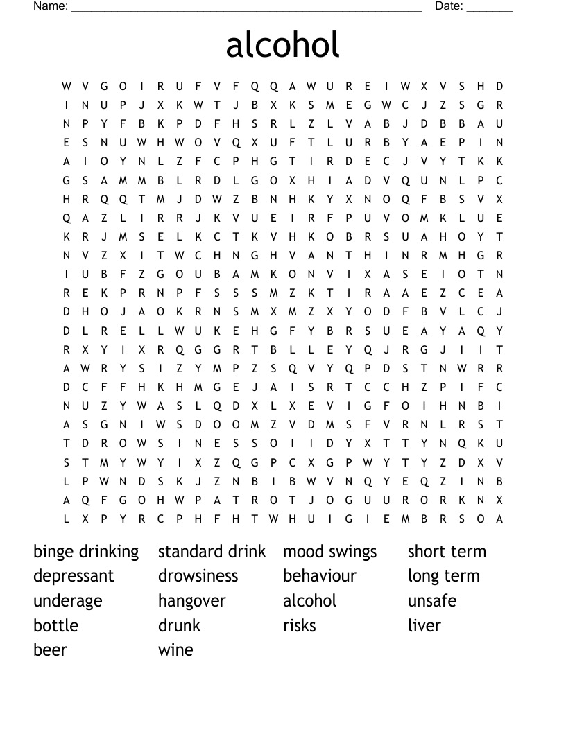 alcohol Word Search