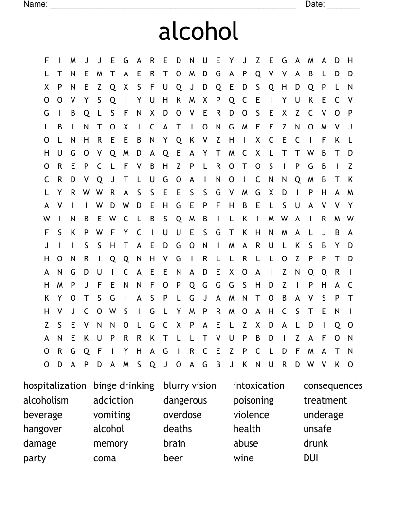 alcohol  Word Search