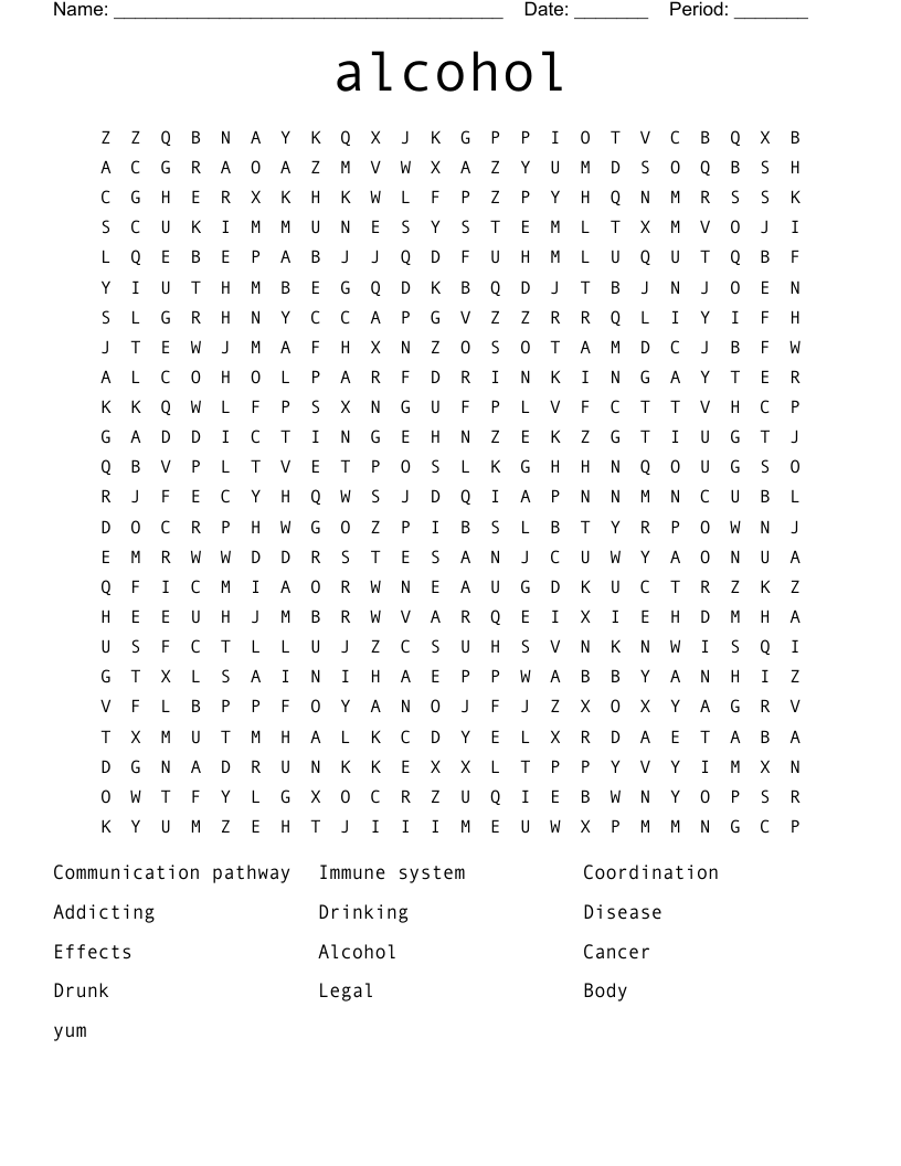 alcohol  Word Search