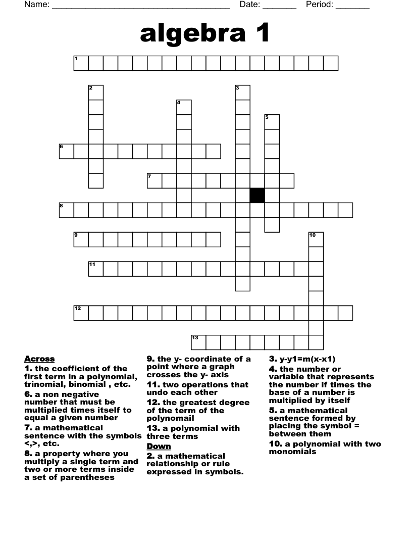 algebra 1 Crossword