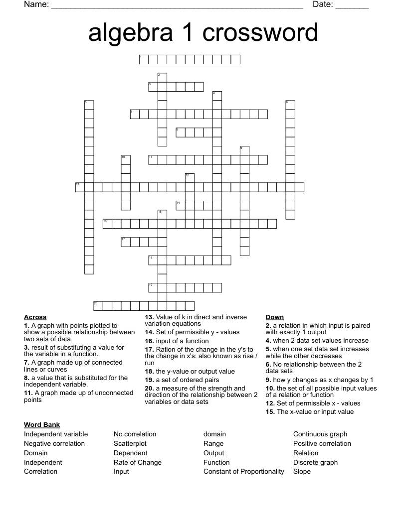 algebra 1 crossword