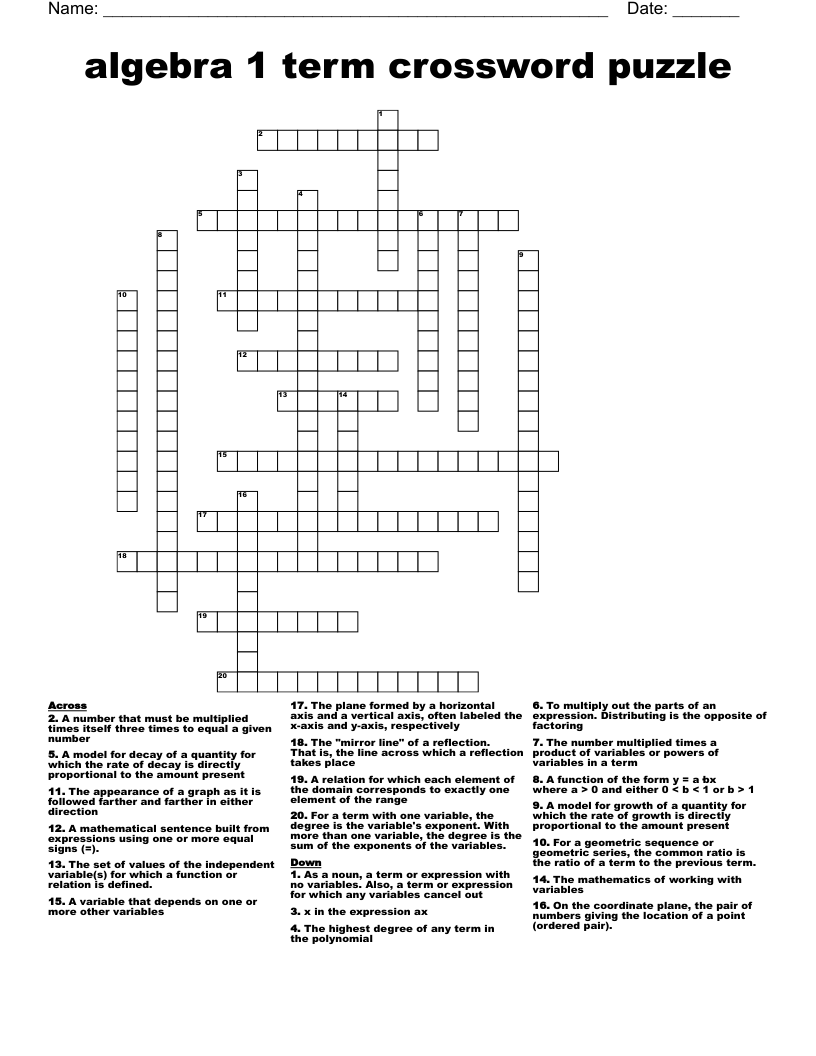 algebra 1 term crossword puzzle
