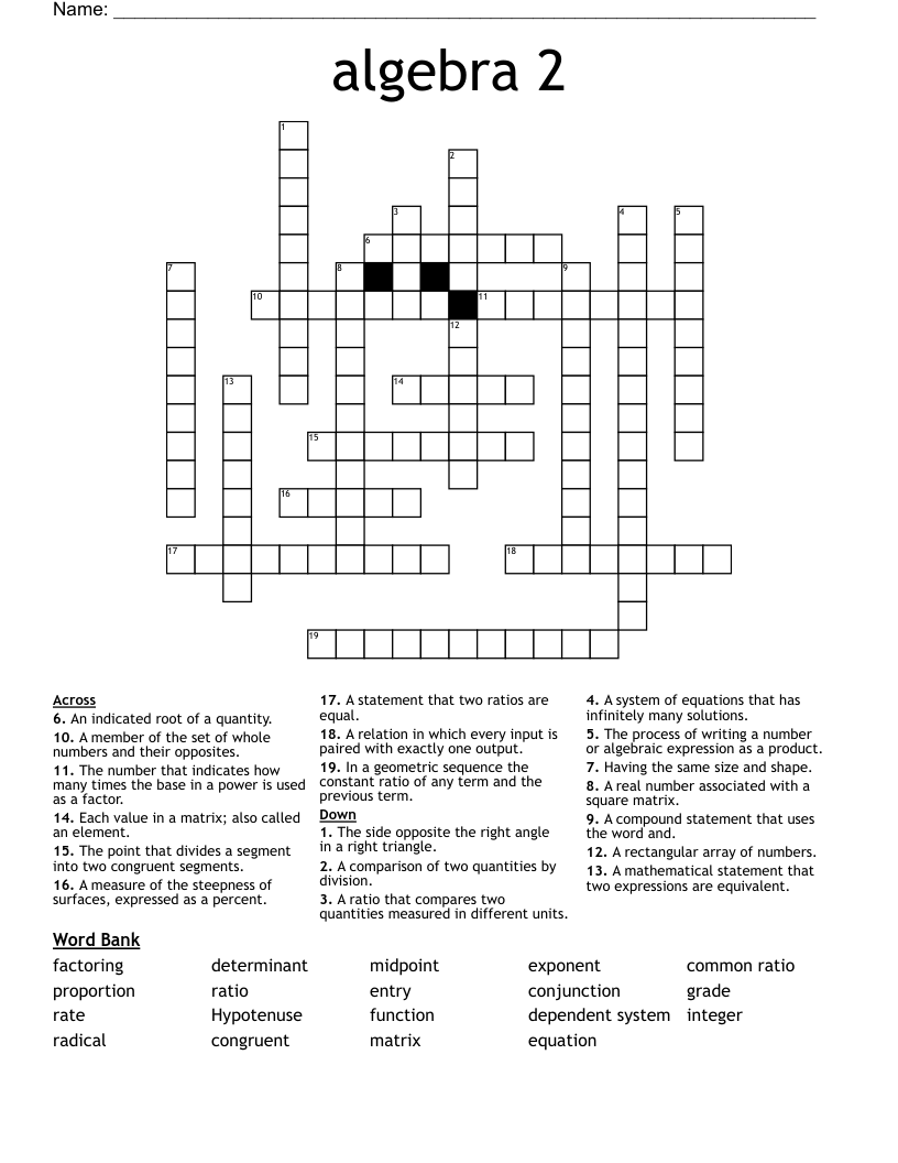 algebra 2 Crossword