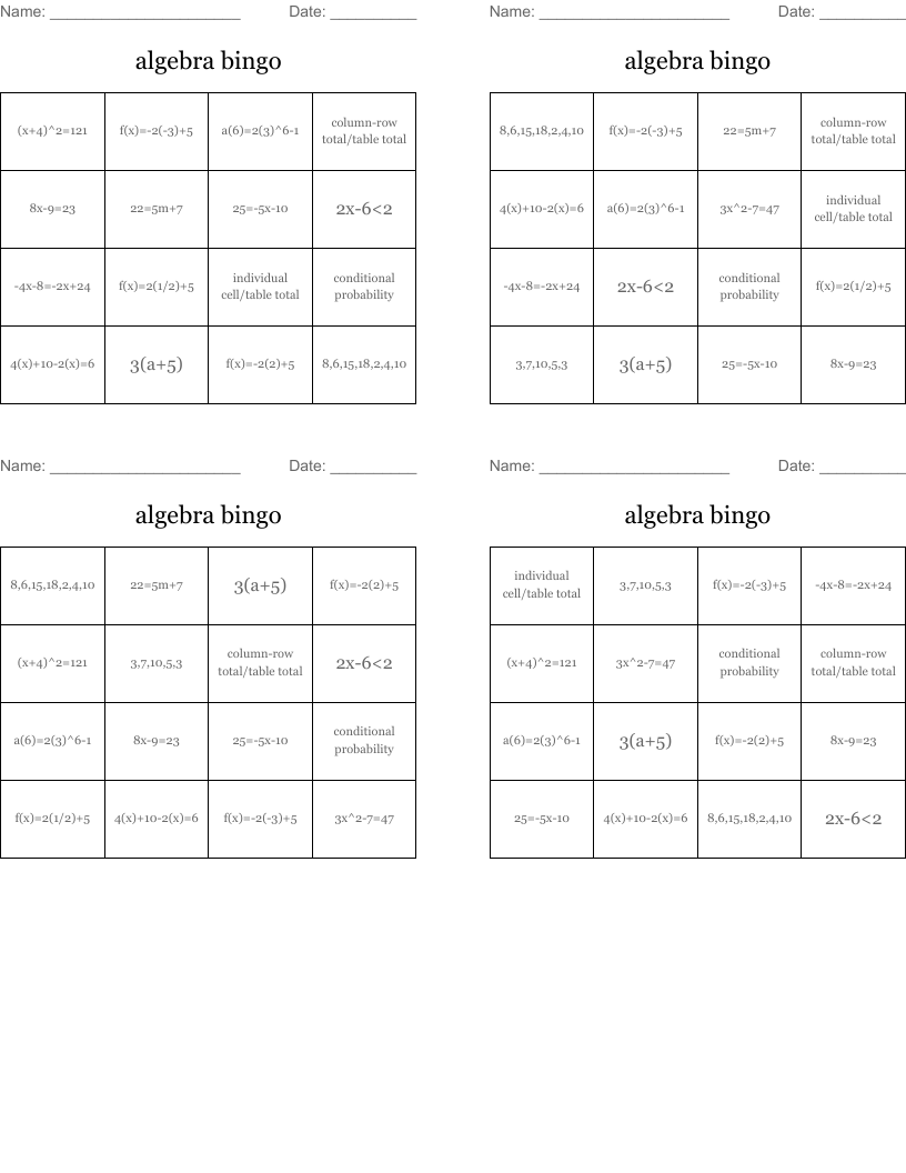 algebra bingo