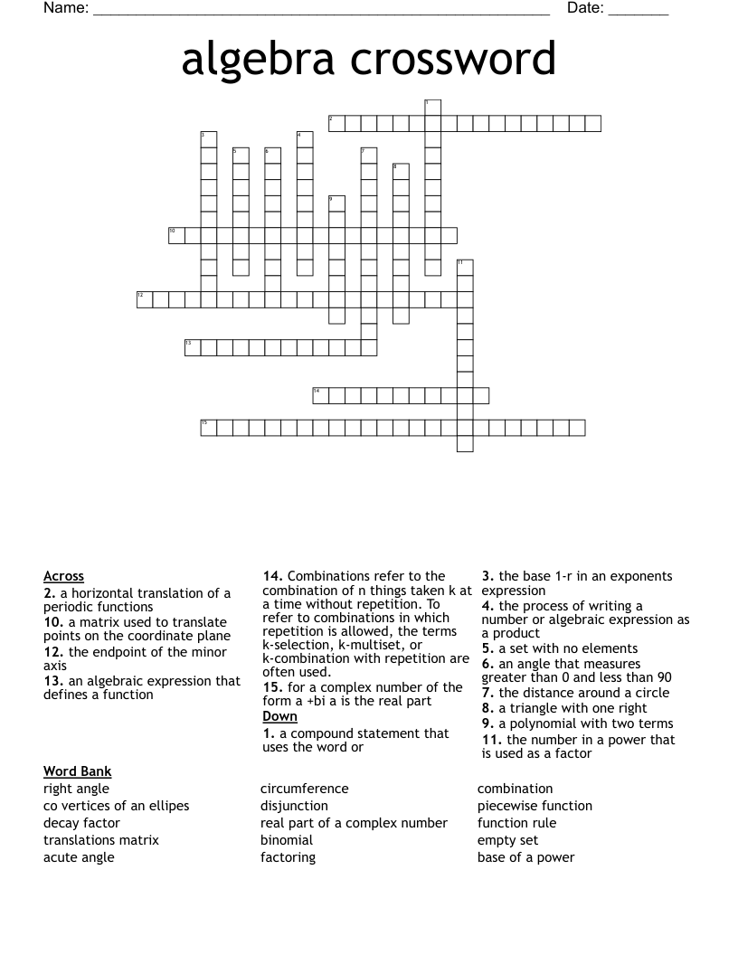 algebra crossword 