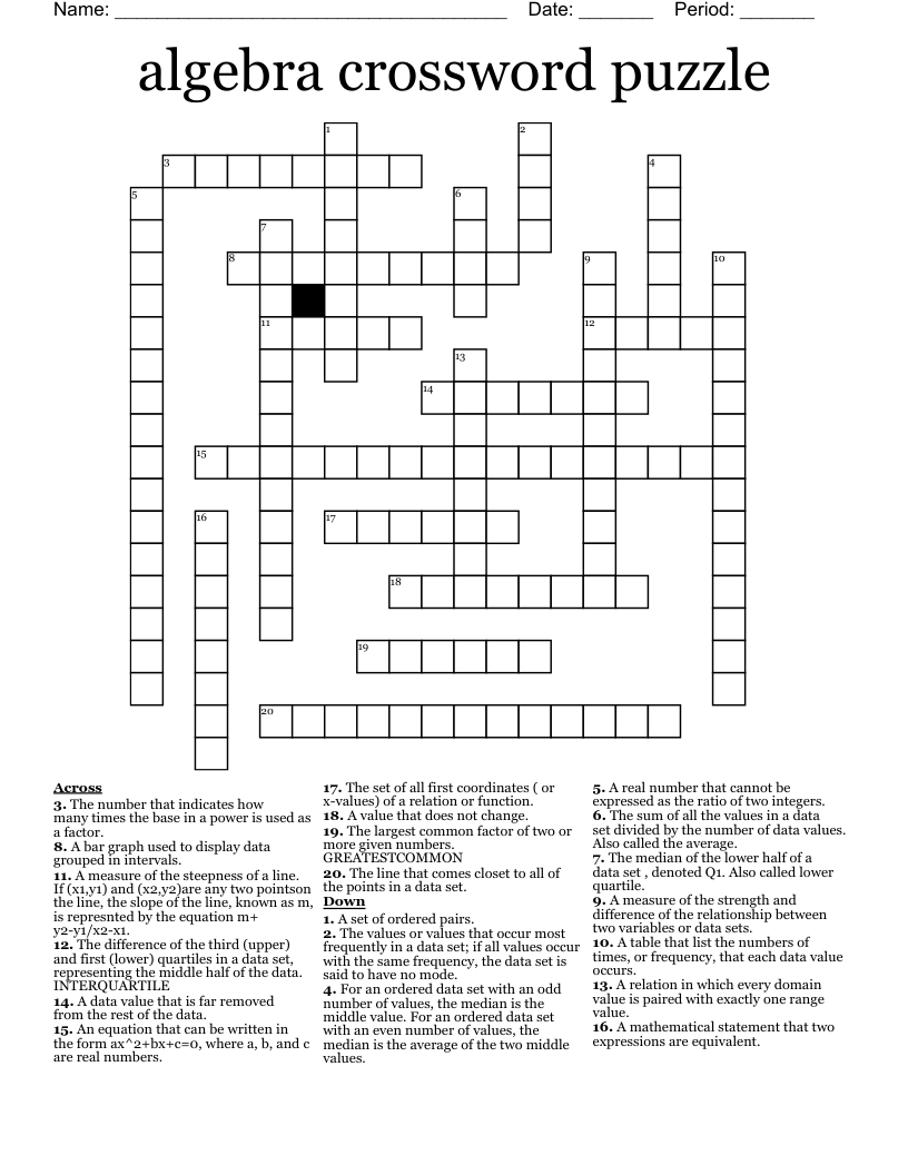 algebra crossword puzzle