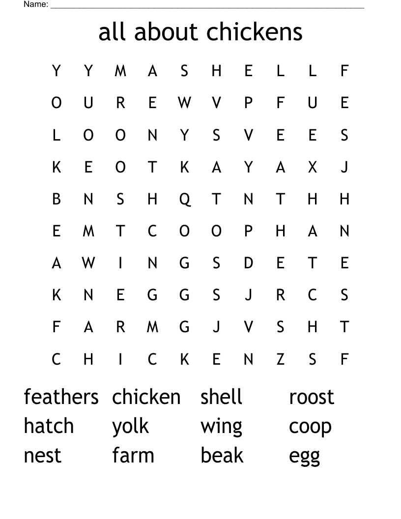 all about chickens Word Search