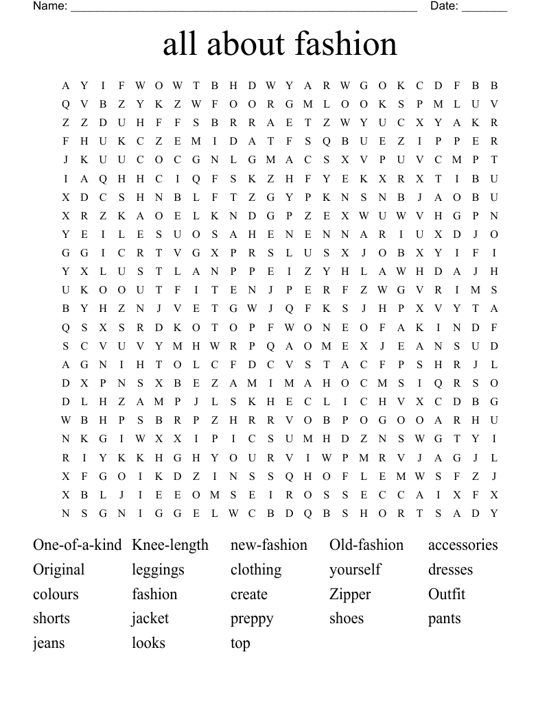 all about fashion Word Search
