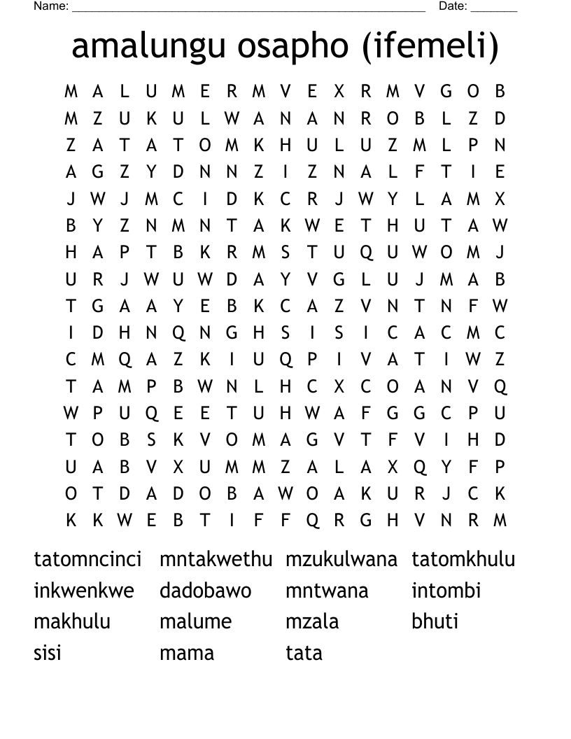 amalungu osapho (ifemeli) Word Search