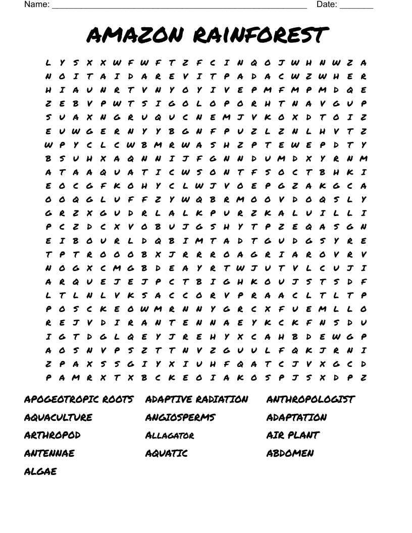 amazon rainforest Word Search