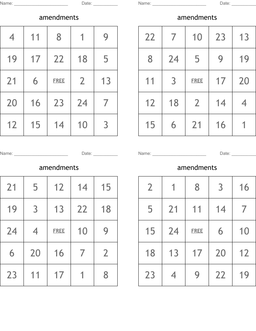 amendments Bingo Cards