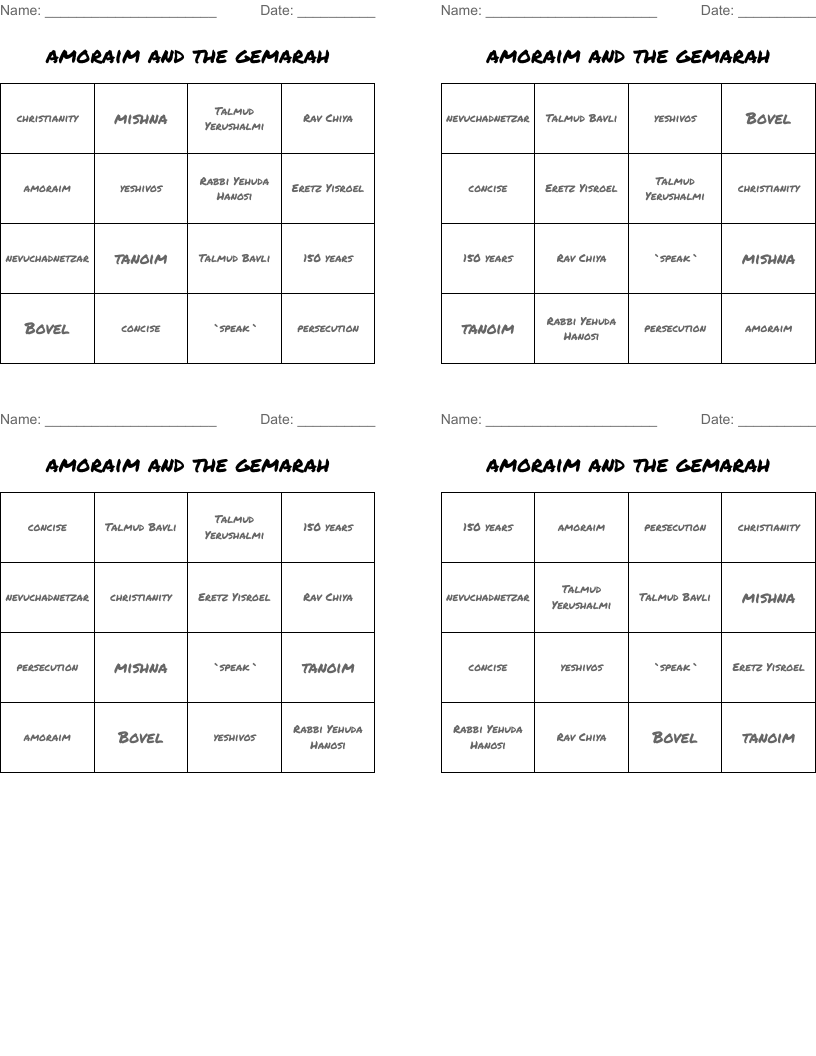 amoraim and the gemarah Bingo Cards