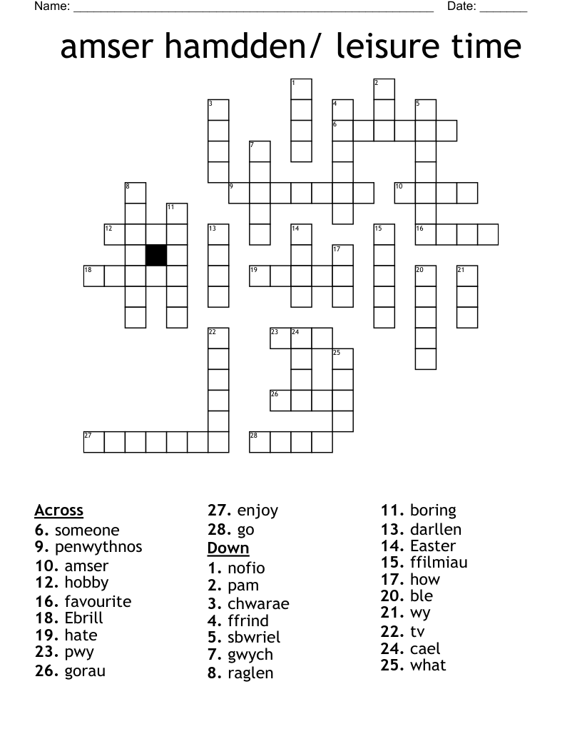 amser hamdden/ leisure time Crossword