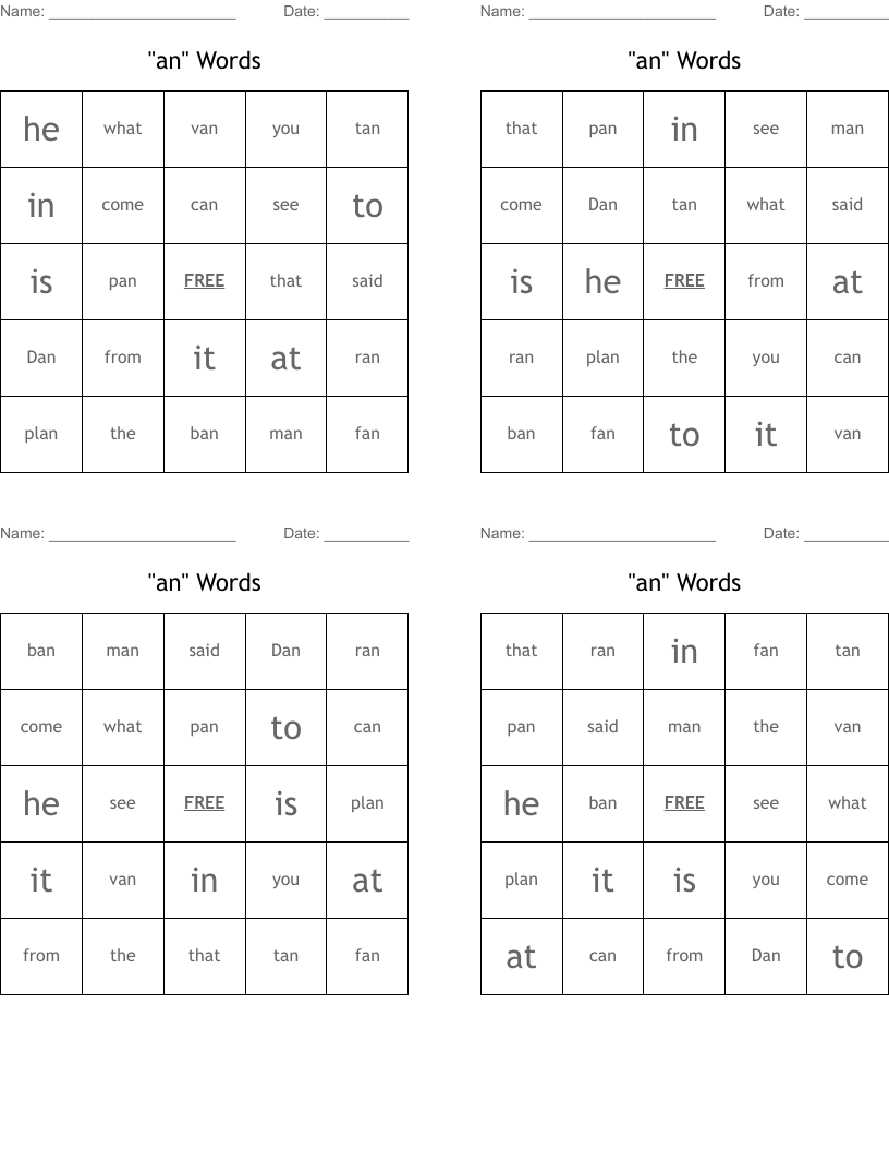 "an"  Words Bingo Cards