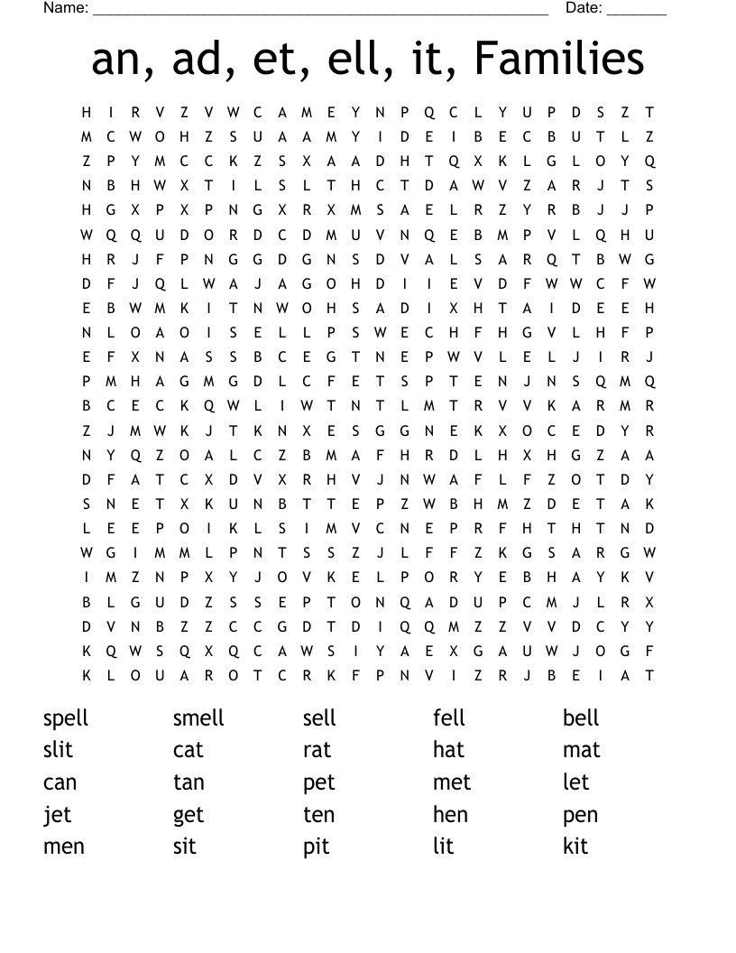 an, ad, et, ell, it, Families Word Search