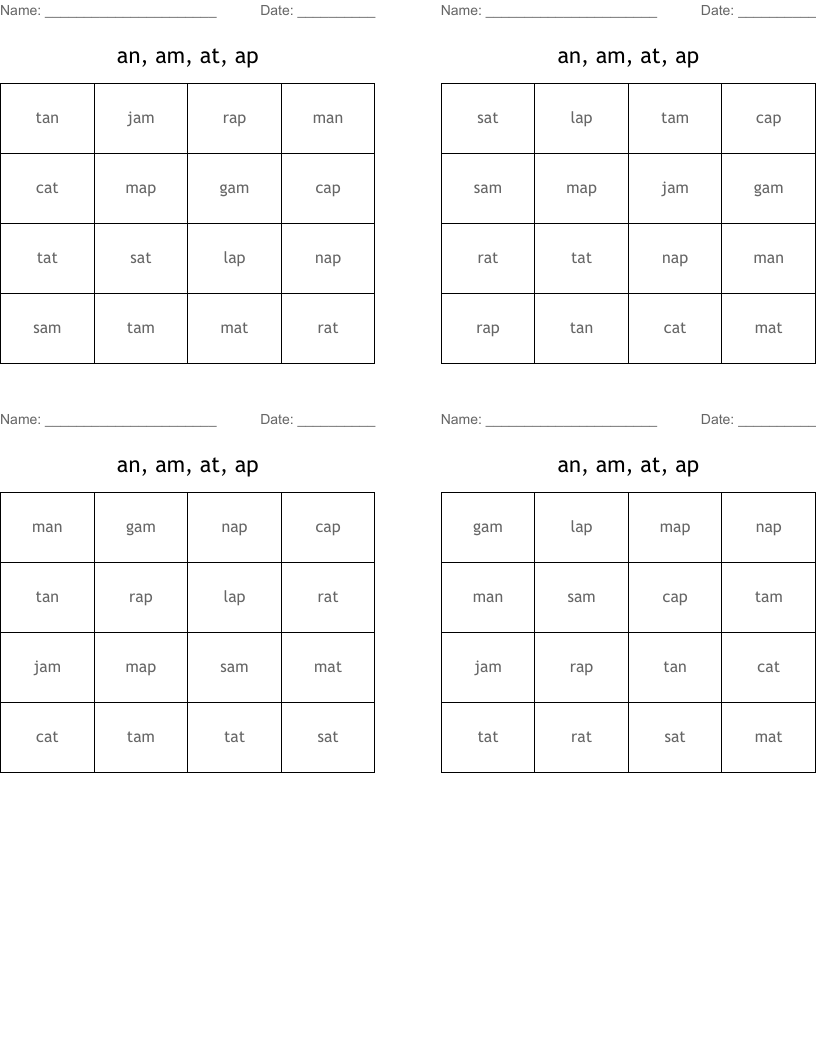 an, am, at, ap Bingo Cards